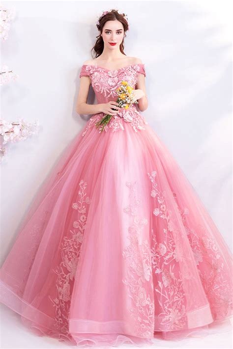 Gorgeous Pink Lace Ball Gown Formal Prom Dress With Flowers Wholesale