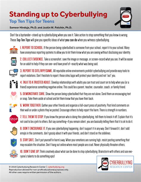 standing up to cyberbullying top ten tips for teens cyberbullying research center