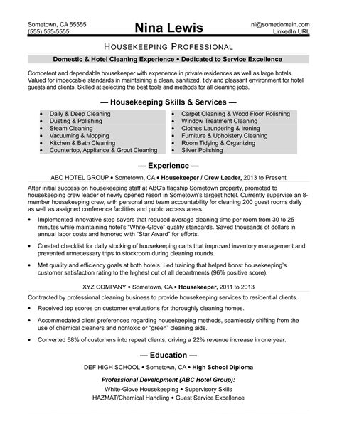 Proven management and training skills, deep familiarity with all cleaning material and tools, bilingual ability, and a strong work ethic make me an. Housekeeping Resume Sample | Monster.com