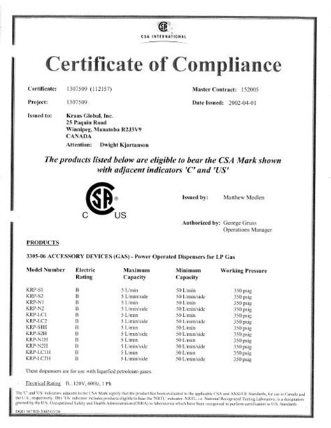 Krp Csa Weights And Measures Certificate Canada Kraus Global