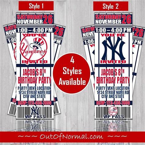 new york yankees bronx themed birthday invitation tickets baseball