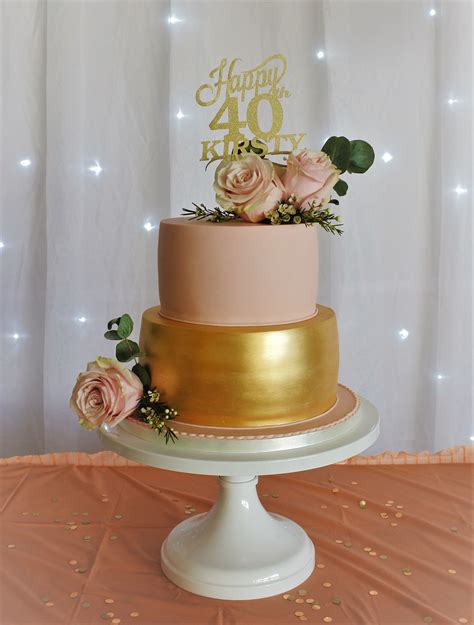 Peach And Gold Cake Decorated With Fresh Flowers Birthday Cake For Mom