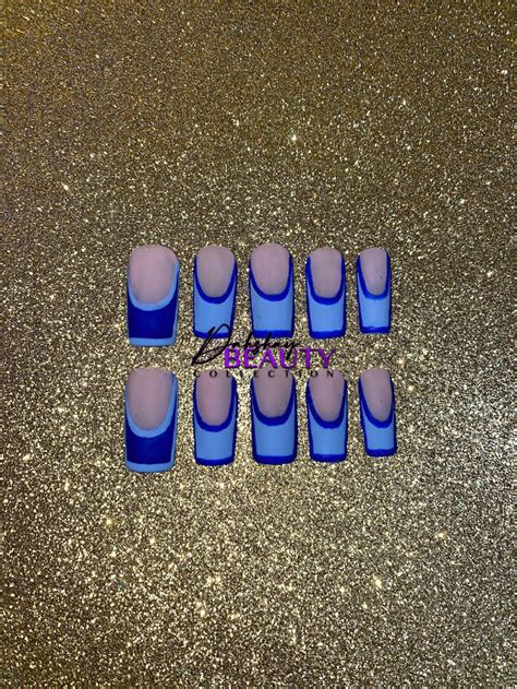 Blue 2 Toned French Tip Press On Nails Luxury Press On Nails Etsy