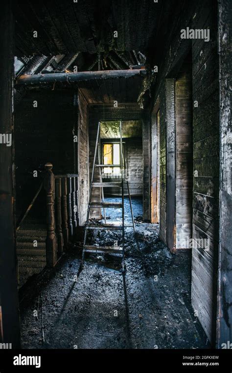 Burnt Wooden House Interior Charred Walls Consequences Of Fire Stock