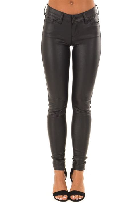 Black Mid Rise Faux Leather Skinny Pants Front View Clothes For Women