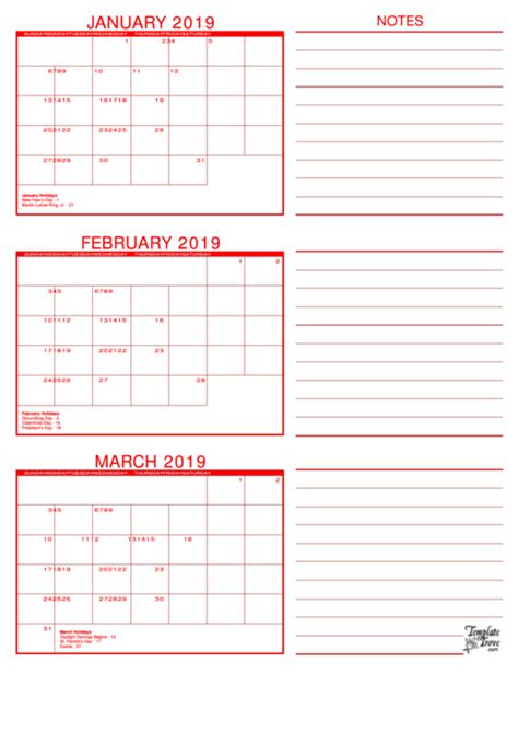 January February March 2019 Calendar Template Printable Pdf Download