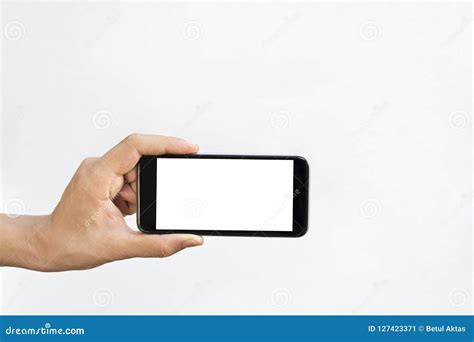 Man Hand Holding Horizontal The Black Smartphone With Blank Screen