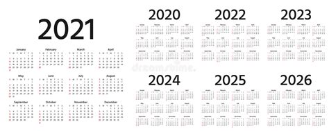 Kalendarz 2021 2022 2023 2024 2025 2026 2020 Lat Ilustracja Wektorowa