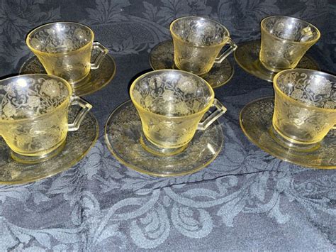 Hazel Atlas Florentine Yellow Depression Glass Poppy Cups Saucers 6