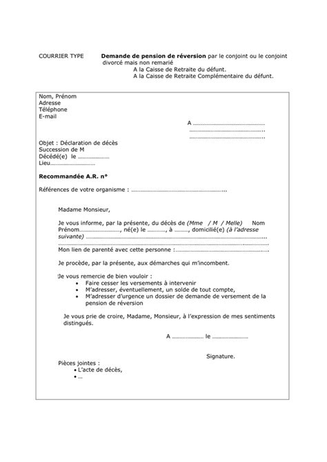 Courrier type demande de pension de réversion DOC PDF page 1 sur 2