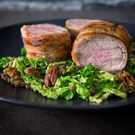 10 min inactive prep time: Bacon Wrapped Pork Tenderloin With Cabbage and Lentils | Krumpli