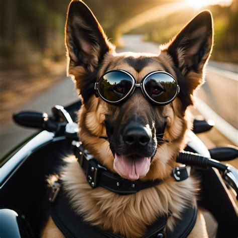 German Shepherd Dog In Motorcycle Sidecar Wearing Doggles Traveling On