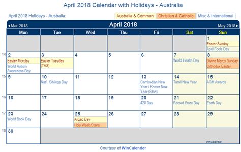 Print Friendly April 2018 Australia Calendar For Printing