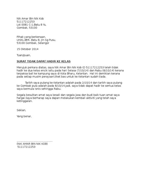 Surat tak hadir ke sekolah atas urusan keluarga. Contoh Surat Tidak HAdir ke Kelas