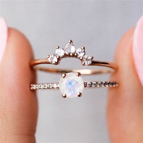 Rose Gold Rainbow Moonstone And Topaz Dancing Fairy Ring Stack