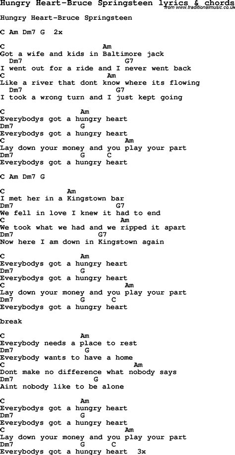 Love Song Lyrics For Hungry Heart Bruce Springsteen With Chords