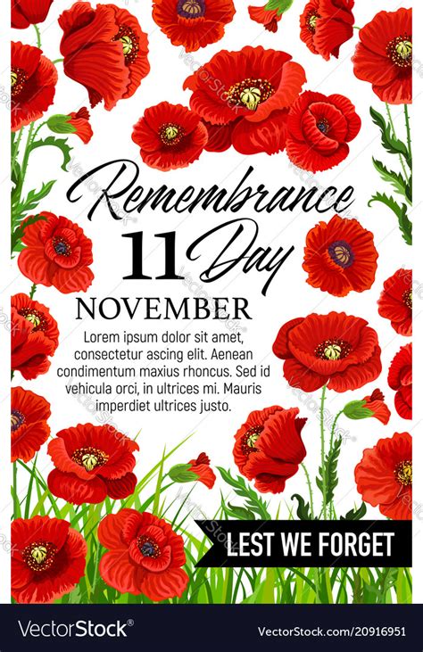 11 November Poppy Remembrance Day Card Royalty Free Vector