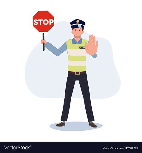 A Traffic Police Holding Stop Sign And Gesturing Vector Image