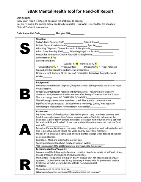 Sbar Tool Schizophrenia Sbar Mental Health Tool For Hand Off Report Shift Report Every Sbar