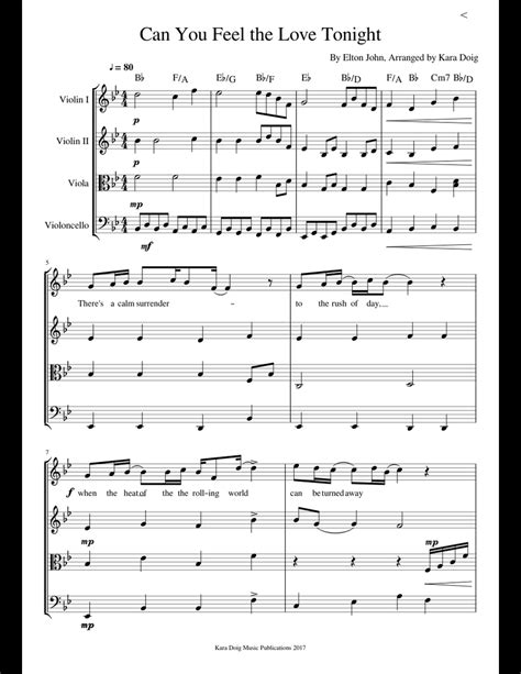 Can You Feel The Love Tonight Quartet Sheet Music For Violin Viola