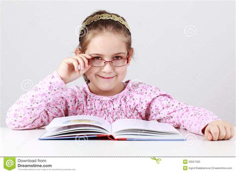Schoolgirl With Glasses Reading Book Stock Image Image Of Girls