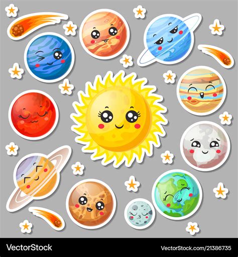 Cartoon Cute Planets Stickers Happy Planet Face Vector Image