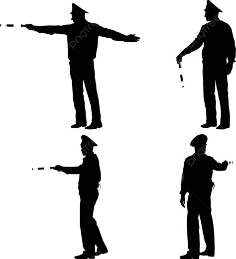 Collection Of Black Police Officer Silhouettes With Batons On A White