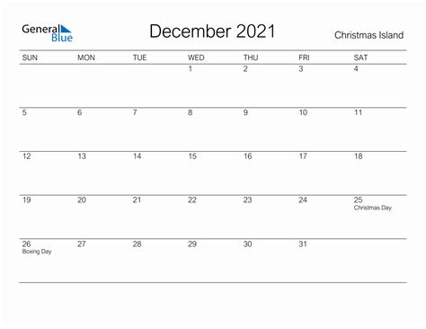 Printable December 2021 Monthly Calendar With Holidays For Christmas Island