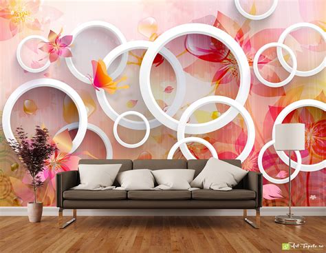 Photo Wallpaper 3d Effect Circles With Abstract Flowers Fototapet