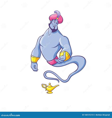 Smiling Cartoon Genie Coming Out Of Magic Lamp Vector Flat Illustration