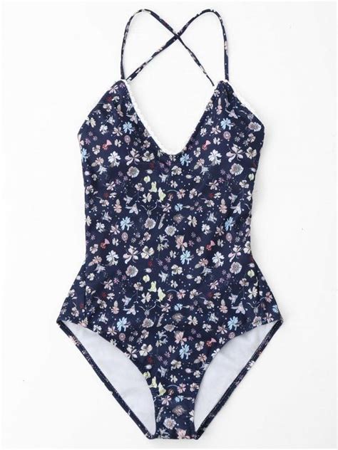 lace up back tiny floral one piece swimwear deep blue one piece swimwear backless one piece