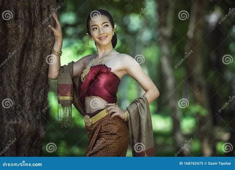 Thai Traditional Dress Asian Woman Wearing Typical Traditional Thai
