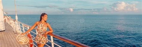 Cruise Woman Relaxing On Deck Watching Sunset From Ship On Caribbean
