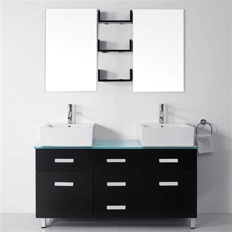 This bathroom vanity also features uniquely designed chrome faucets and special pull out drawers to complete its contemporary aesthetic. Virtu USA Maybell 56-inch Double Sink Bathroom Vanity Set ...