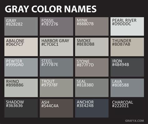 Names And Codes Of All Color Shades Grey Color Names Color