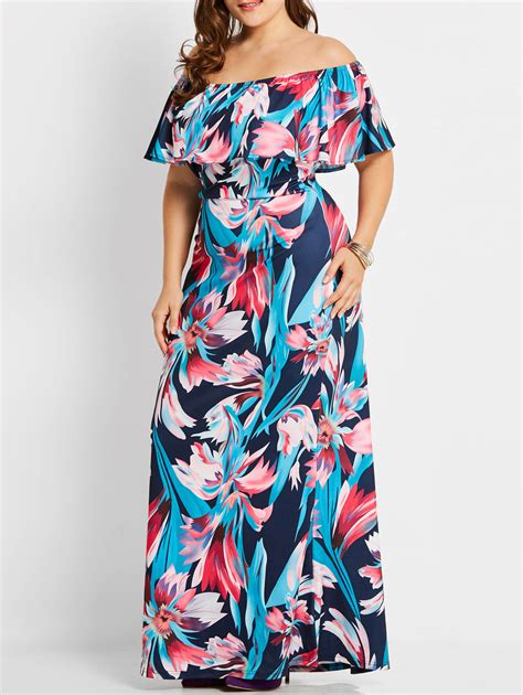 Kenancy Women Plus Size Floral Maxi Long Dress Tropical Off Shoulder Short Sleeves Ruffles