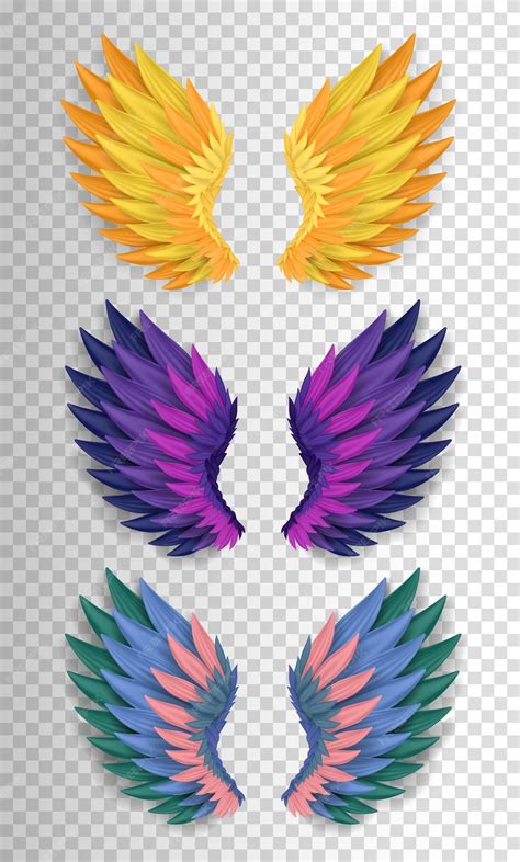 conjunto de asas realistas tridimensionais asas mágicas de anjo ou pássaro douradas roxas e