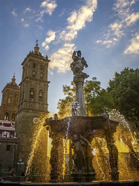 Arcangel Fountain Zocalo Park Plaza Sunset Puebla Mexico Stock Image