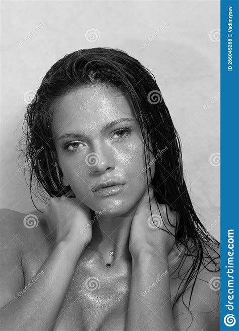 Close Up Portrait Of Beautiful Womanand X27s Purity Face Model With Wet Clean Shiny Skin Stock