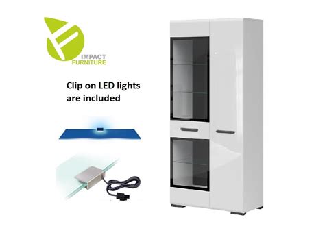 Modern White Gloss Large Glass Display Cabinet With Led Lights Storage Unit Black Rim Impact