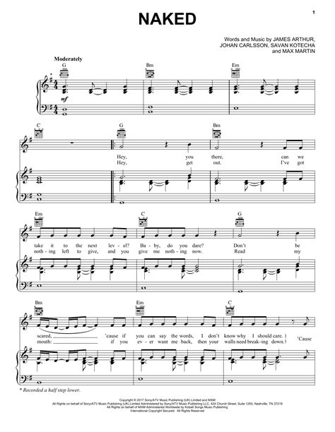 Naked Sheet Music James Arthur Piano Vocal Guitar Chords Right Hand Melody