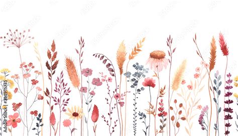 Watercolor Floral Seamless Pattern With Colorful Wildflowers Plants And Grass Panoramic