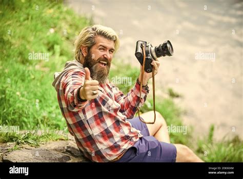 Man Bearded Hipster Photographer Hold Vintage Camera Photographer