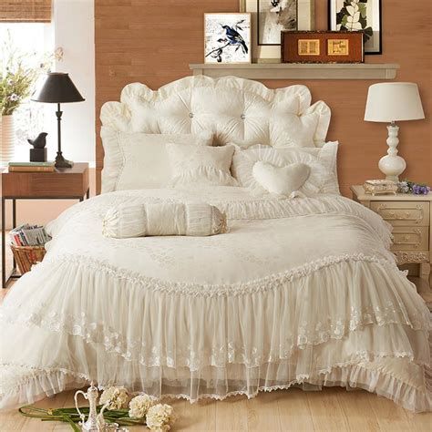 Buy Luxury Lace Edge Princess Cream Colored Wedding Bedding Set Satin Jacquard