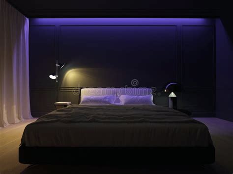 3d Illustration Luxury Minimal Black Bedroom With Wood Floor Stock