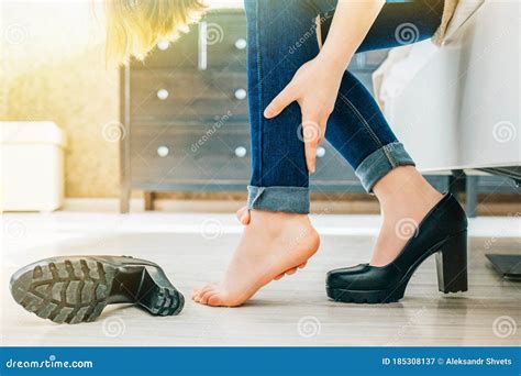 Woman Suffering From Leg Pain Due To High Heels Stock Image Image Of