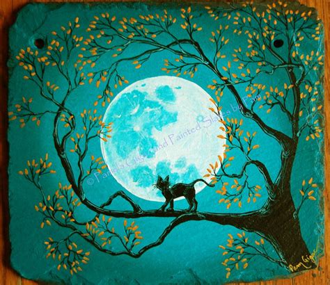 Cat In A Tree With A Full Moon Hand Painted On Slate Please See My