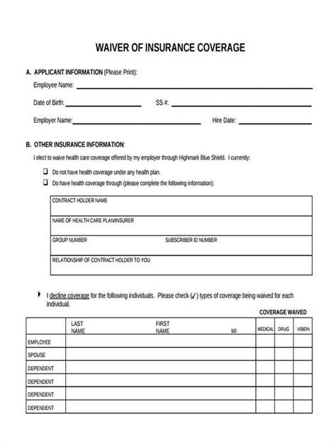 Free 8 Insurance Waiver Forms In Pdf Ms Word