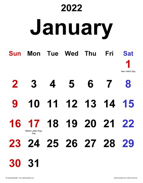 January 2022 Calendar Printable Portrait