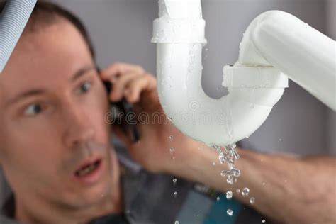 Man Calling Plumber To Fix Sink Pipe Leakage Stock Image Image Of Liquid Person 181448061
